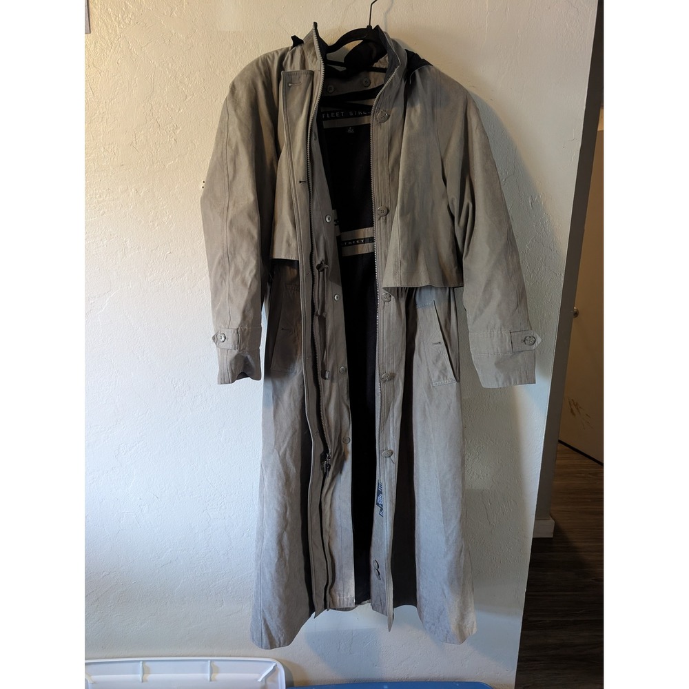 Fleet Street Women's Size 12 Long Trench Coat Hooded Water Resistant Raincoat